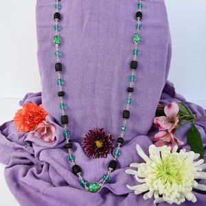 44" black Tulasi with peacock and teal crystal glass beads